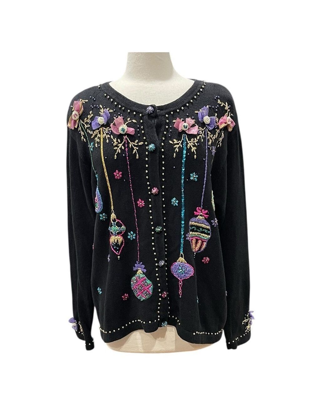 Arriviste Embroidered And Beaded Christmas Ornament Cardigan SZ XL Black Vintage